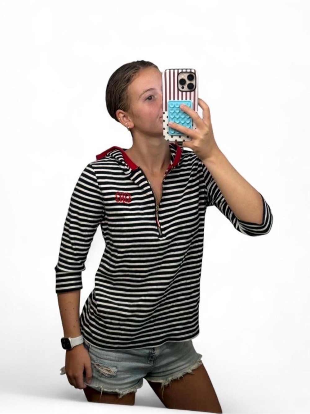 Tommy Hilfiger Navy & White Striped Zip Hoodie with Red Trim & Embroidered Logo